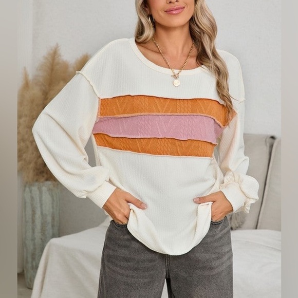 Corded Exposed Seam Patchwork Drop Sleeve Top Cream Sweater Orange Pink Stripes - Picture 4 of 6